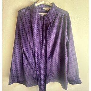 Evan-Picone Woman Purple Diamond Pattern Long Sleeve Tie-Neck Blouse Top Size 44